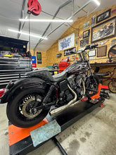 Load image into Gallery viewer, Stealth Pipes exhaust system fitted to Harley Dyna – 1996–2005 stainless headers and muffler, side view