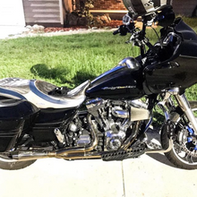 Load image into Gallery viewer, Stealth Pipes Short Bagger exhaust system – close-up rider side view on Harley touring motorcycle (1996–2016)