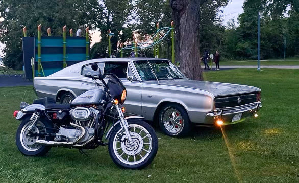 Harley Sportster motorcycle with Stealth Pipes exhaust system – rider lifestyle photo, 1986–2003 model