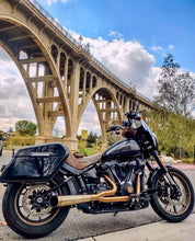 Load image into Gallery viewer, Stealth Pipes exhaust system installed on Harley M8 Softail – rear-side view of muffler and headers (2017–2025)