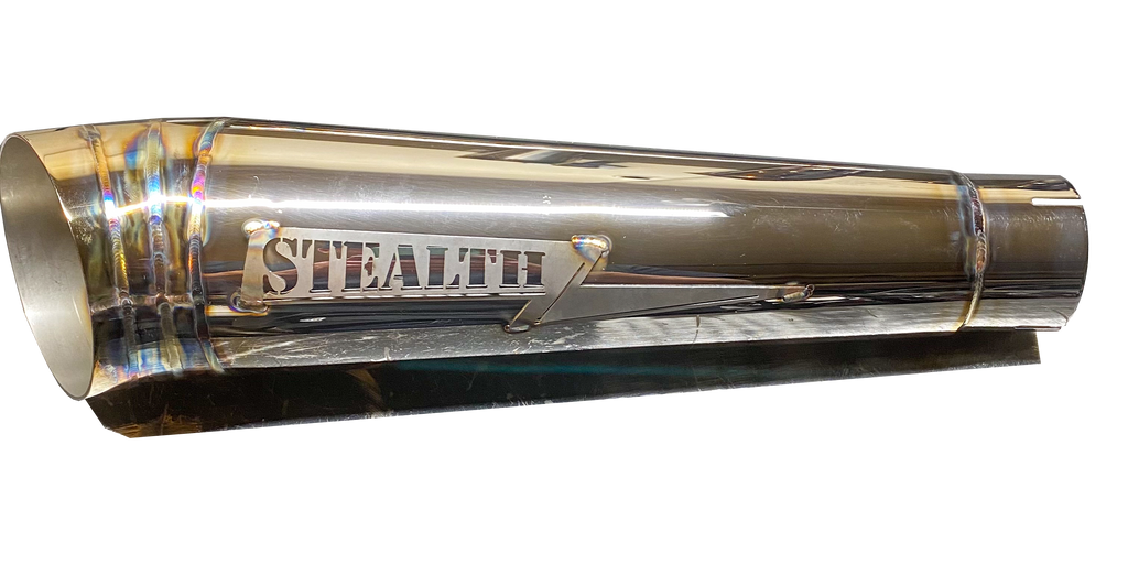 Stealth Pipes exhaust system fitted to Harley Dyna – 1996–2005 stainless headers and muffler, side view
