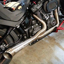 Load image into Gallery viewer, Stealth Pipes exhaust system installed on Harley M8 Softail – rear-side view of muffler and headers (2017–2025)