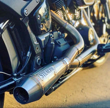 Load image into Gallery viewer, Stealth Pipes exhaust system installed on Harley M8 Softail – rear-side view of muffler and headers (2017–2025)