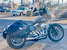 Load image into Gallery viewer, Stealth Pipes exhaust system fitted to Harley Dyna – 1996–2005 stainless headers and muffler, side view