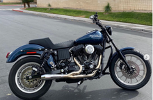 Load image into Gallery viewer, Stealth Pipes exhaust system fitted to Harley Dyna – 1996–2005 stainless headers and muffler, side view