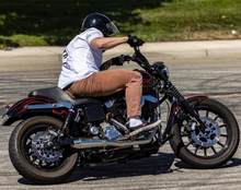 Load image into Gallery viewer, Stealth Pipes exhaust system fitted to Harley Dyna – 1996–2005 stainless headers and muffler, side view