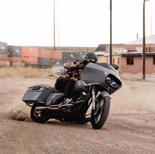 Load image into Gallery viewer, Stealth Pipes Short Bagger exhaust system – close-up rider side view on Harley touring motorcycle (1996–2016)
