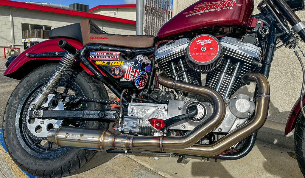 Harley Sportster motorcycle with Stealth Pipes exhaust system – rider lifestyle photo, 1986–2003 model